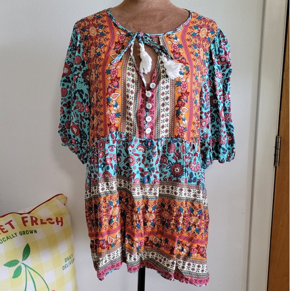 SHEIN Tops - SHEIN Women XL Boho Floral Tassel Tie Tunic Top Turquoise Orange Mixed Print